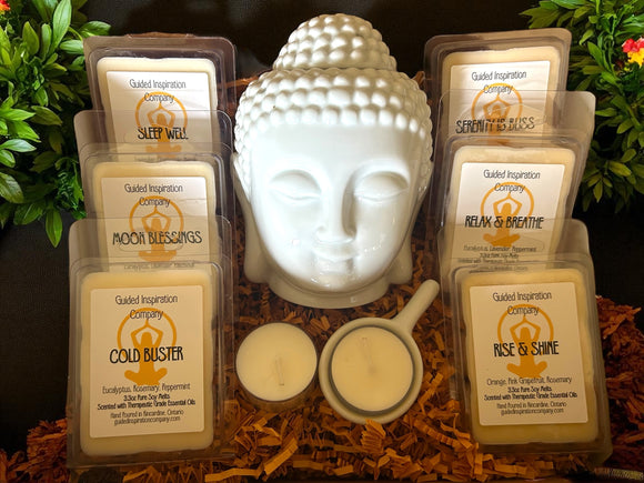 Essential oil aromatherapy wax melts in packaging showing chakra balancing blend